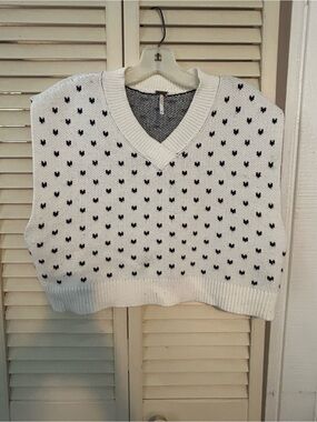 Free People White V-Neck Knit Vest with Black Heart Dot Pattern